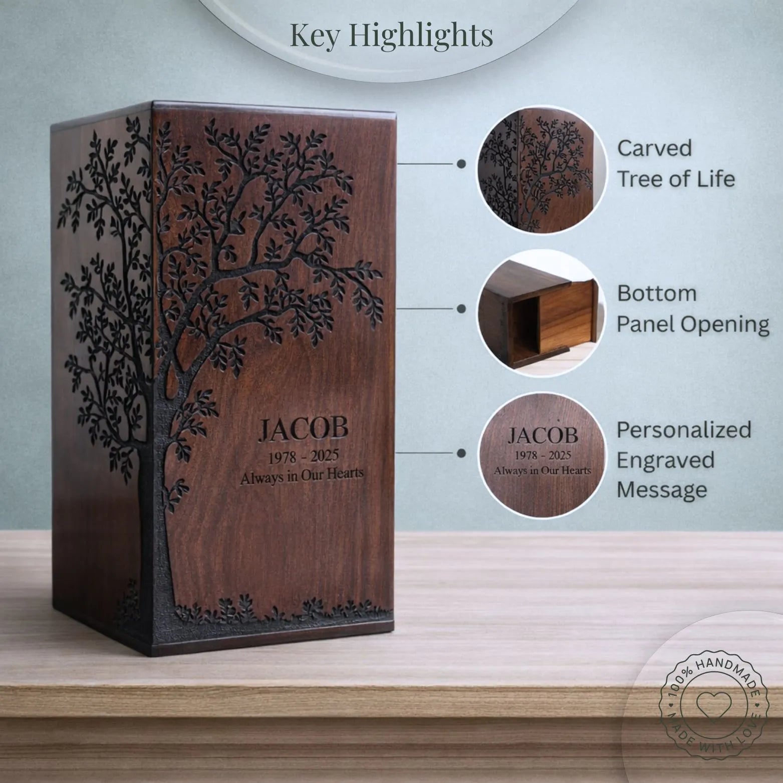 Wooden urn with engraved tree of life design and personalized message on a light background.